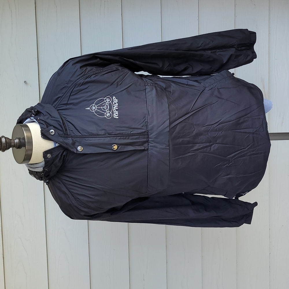 RIPNDIP Black Silver Nylon Hood Mens Sz L Half Zip Pullover Windbreaker Jacket